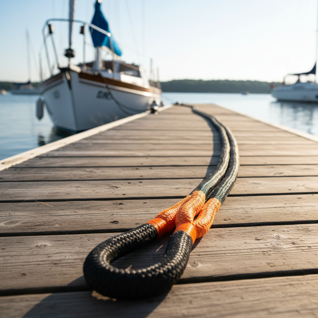 Close‑up of iRopes nylon rope showing its smooth fibers and vibrant colour, highlighting the 30% extra stretch for kinetic recovery and dock line applications.