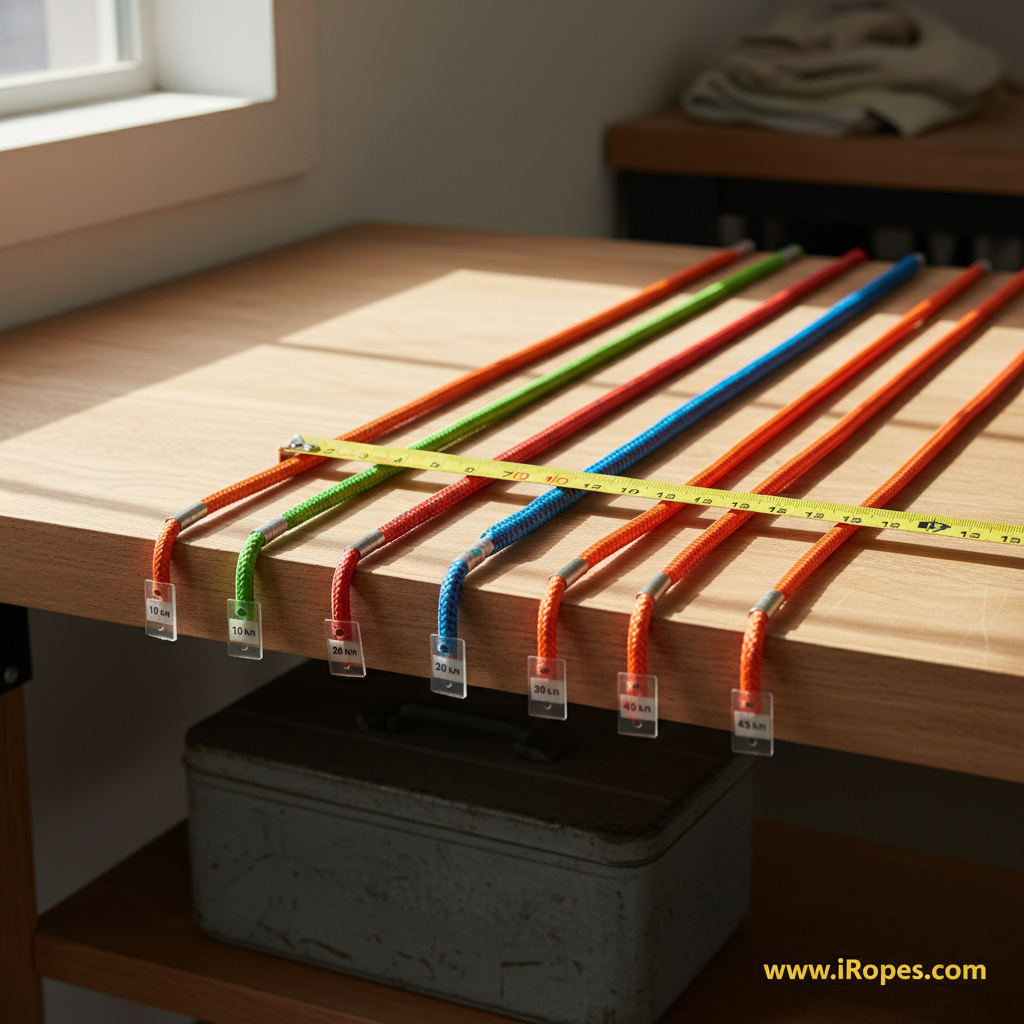 Synthetic winch line rope laid out beside a measuring tape, illustrating various diameters and breaking strength labels