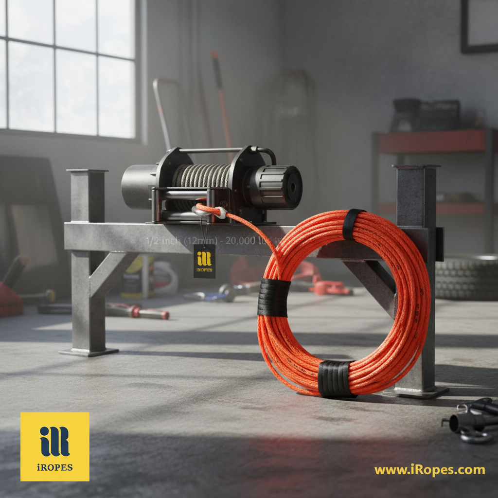 Synthetic winch line laid beside a winch, showing clear diameter markings and bright orange protective sleeve