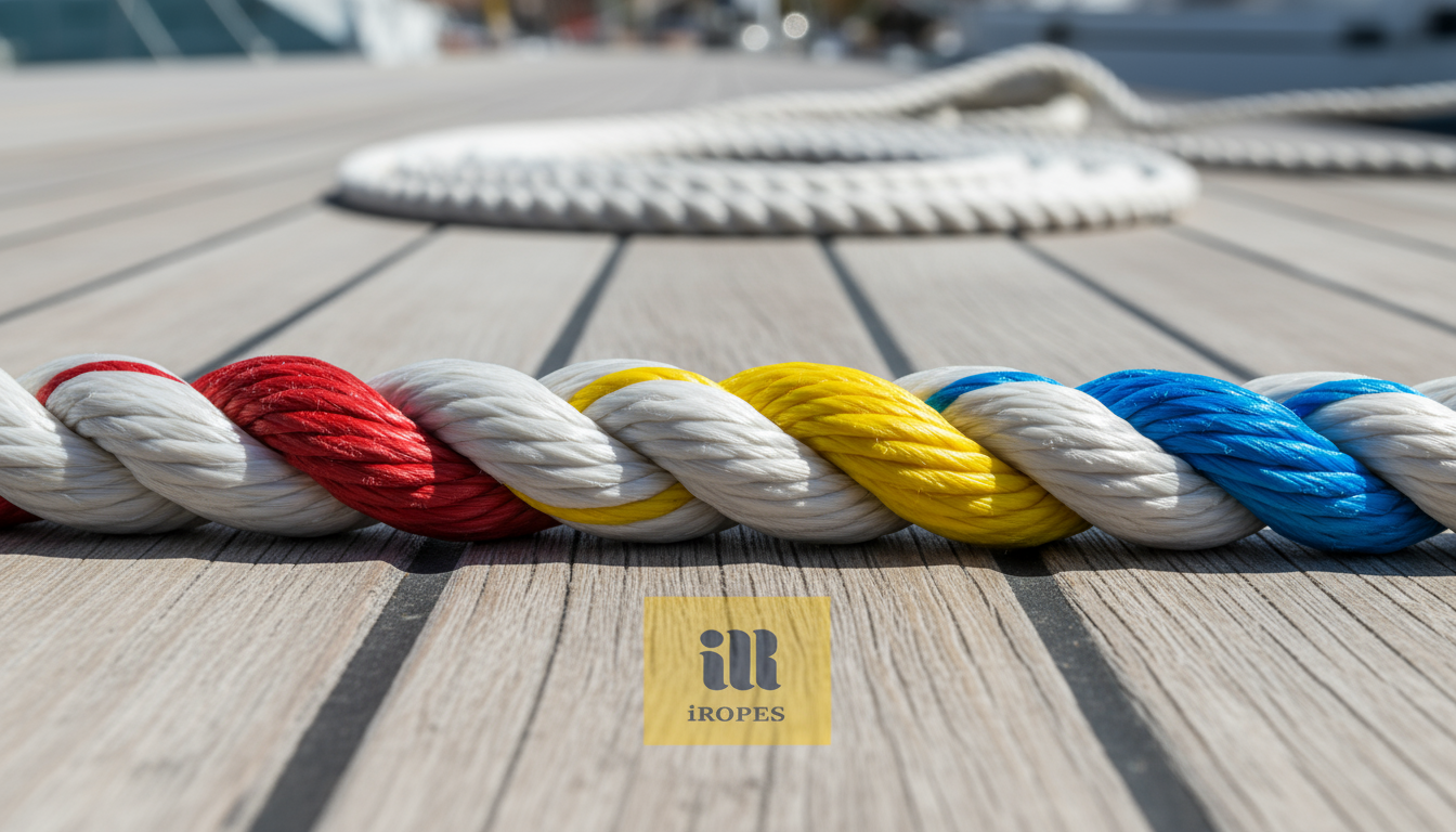 Close-up view of a three-strand yacht rope showing the three twisted strands that form the outer sheath, with colour-coded highlights for each strand