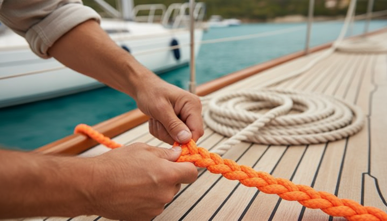 Close-up of hands braiding three strands of synthetic rope on a deck, showing the over-under pattern and tension