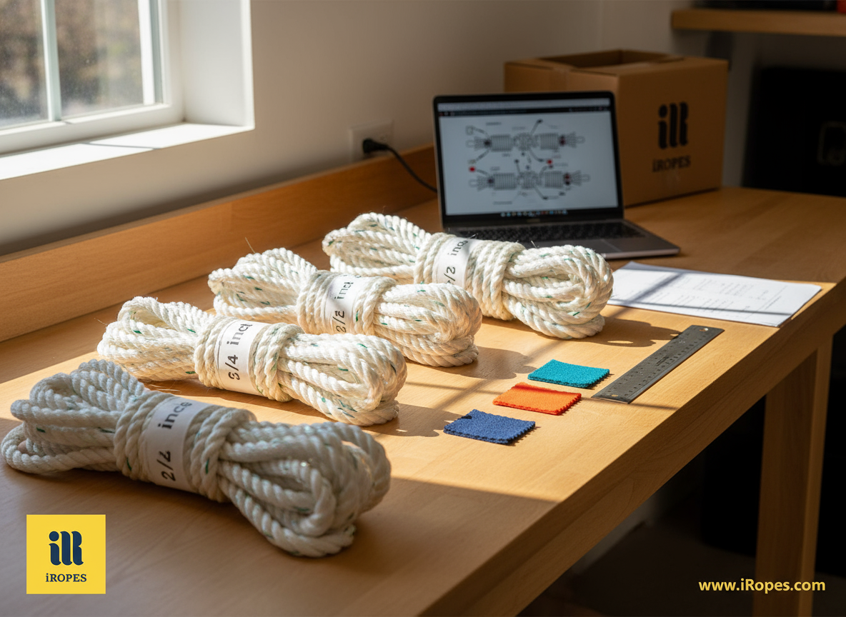 Selection of custom marine rope rolls showing colour swatches, diameter markings, and reflective threads on a workshop bench