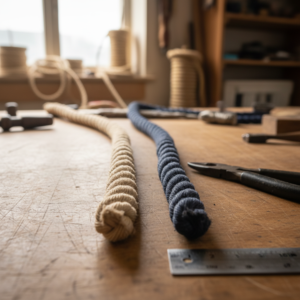 Close‑up view of twisted 3‑strand and 4‑strand lines, highlighting distinct lay patterns and fibre bundles