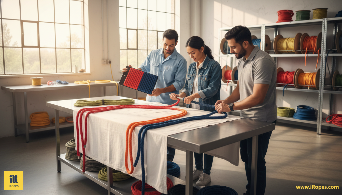 Workshop scene showing engineers laying out custom‑cut rope lengths, selecting colour swatches, and attaching eye splices