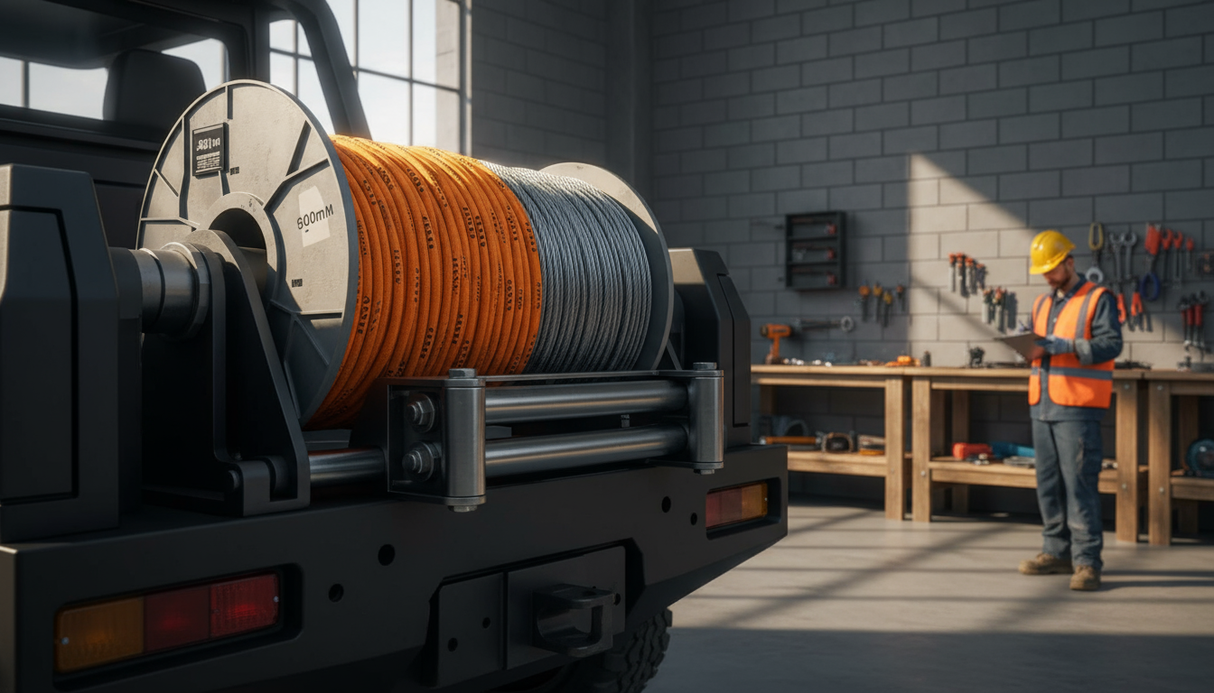 Drum winch dipasangi tali sintetis dan kabel kawat baja berukuran tepat, menampilkan tanda ukuran yang jelas