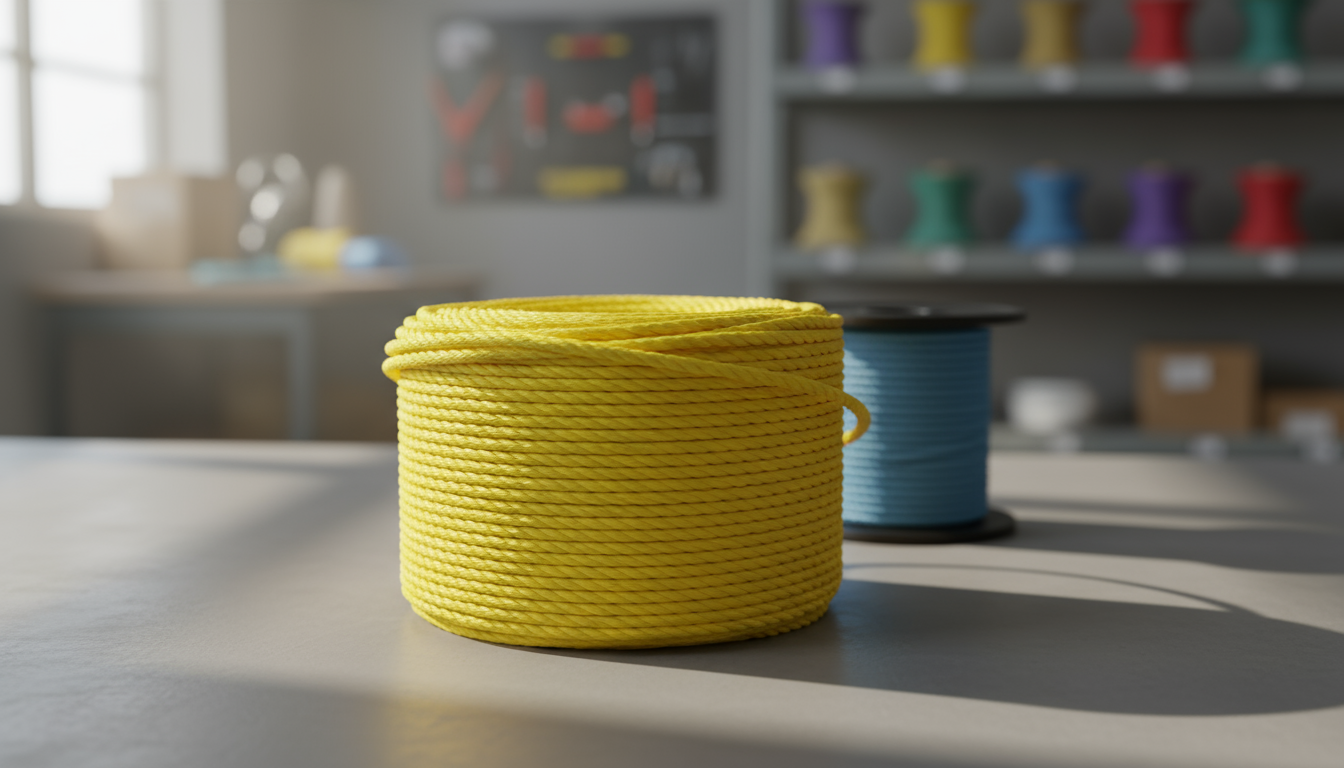 Close-up of 1.5-inch polypropylene rope coil showing its smooth, bright yellow fibres