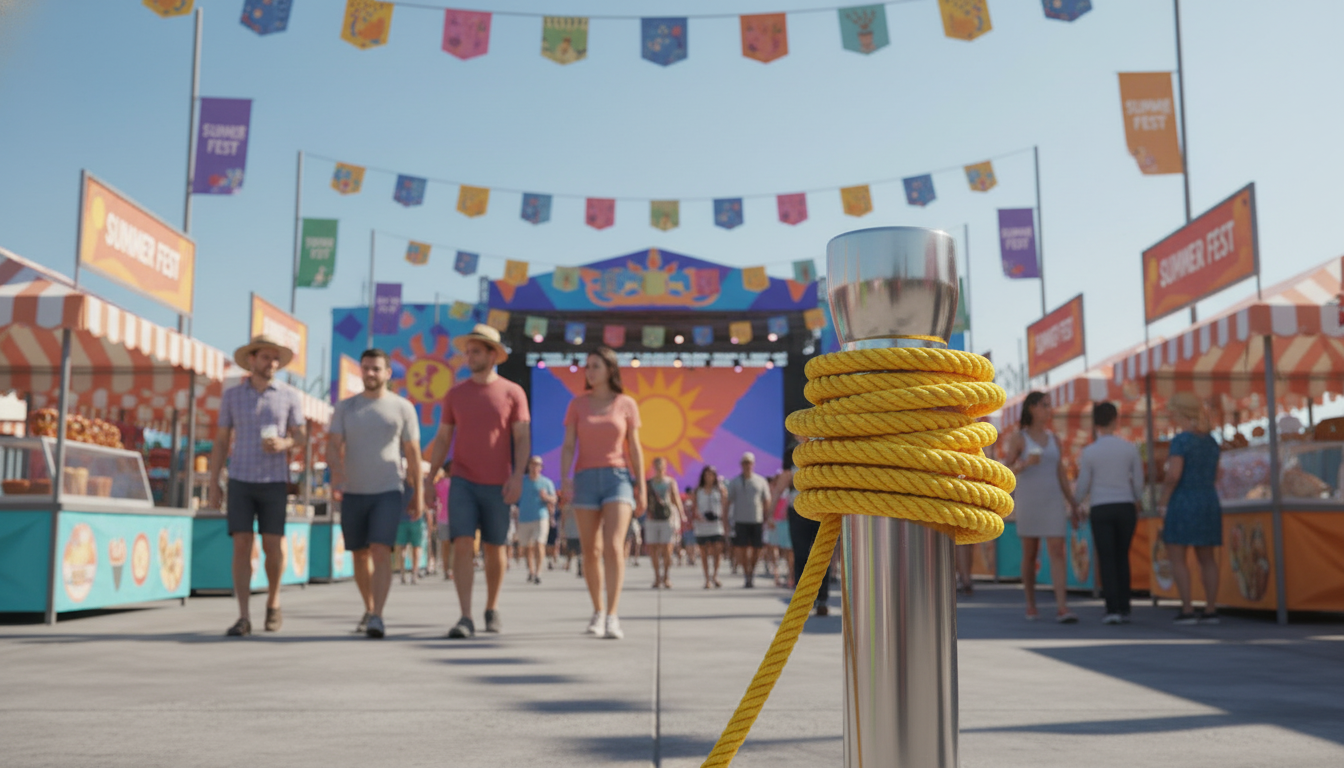 Bright yellow 1.5‑inch polypropylene rope securing a crowd‑control stanchion at an outdoor festival