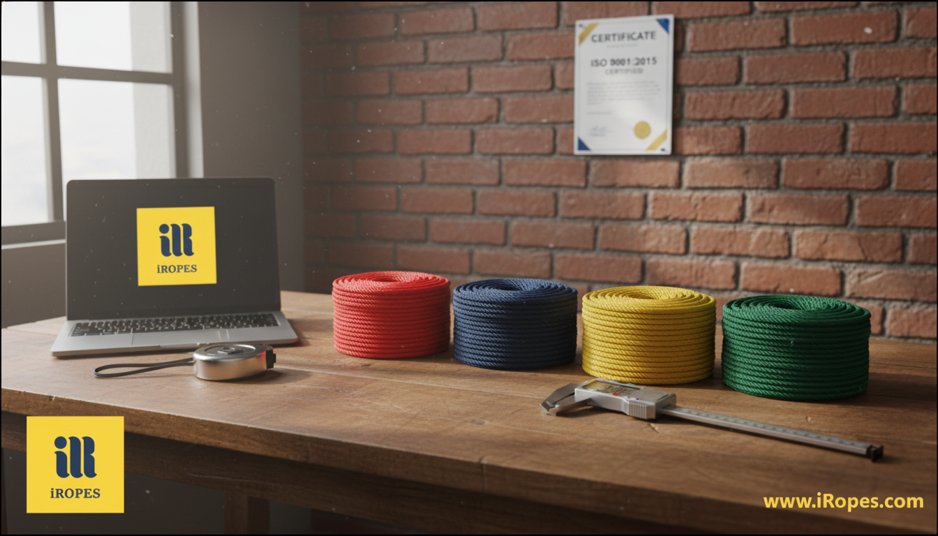 Sample of 1.5‑inch polypropylene rope in various custom colours laid out on a workshop table