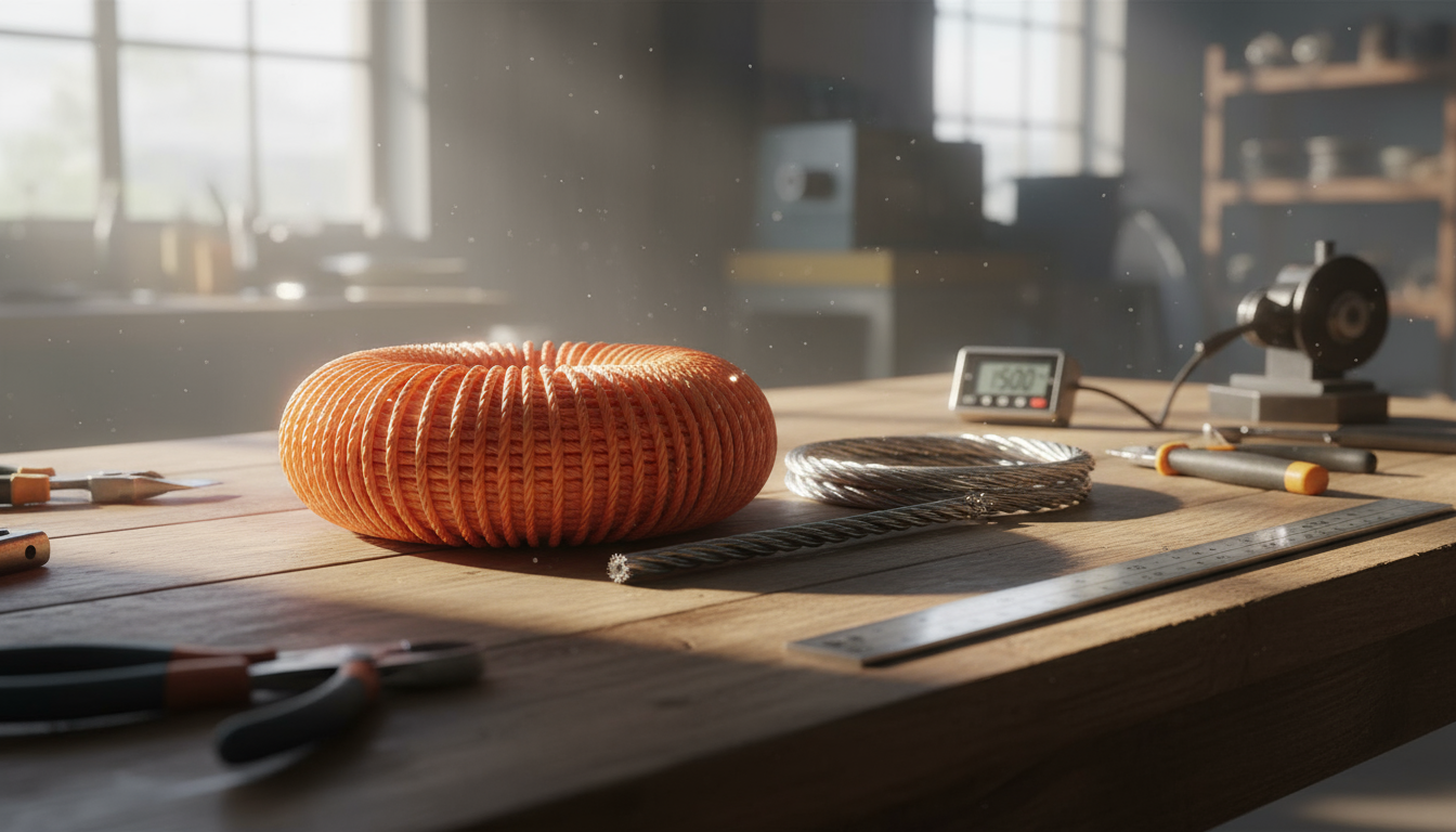 Close-up of UHMWPE synthetic rope strands showing high-strength fibers alongside a steel wire rope sample