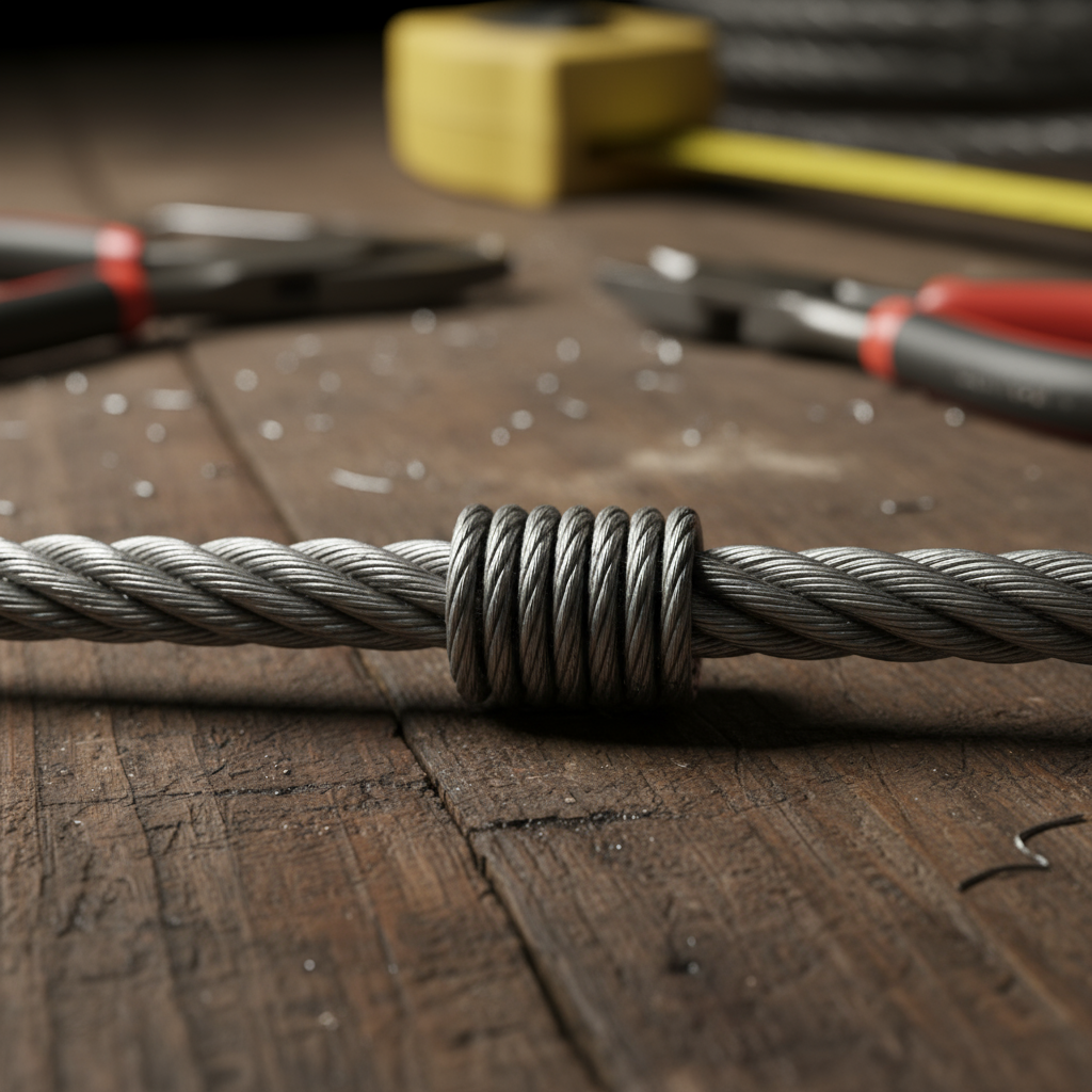 Close-up view of steel wire rope showing individual wires grouped into strands around an independent wire rope core, illustrating 6x19 construction