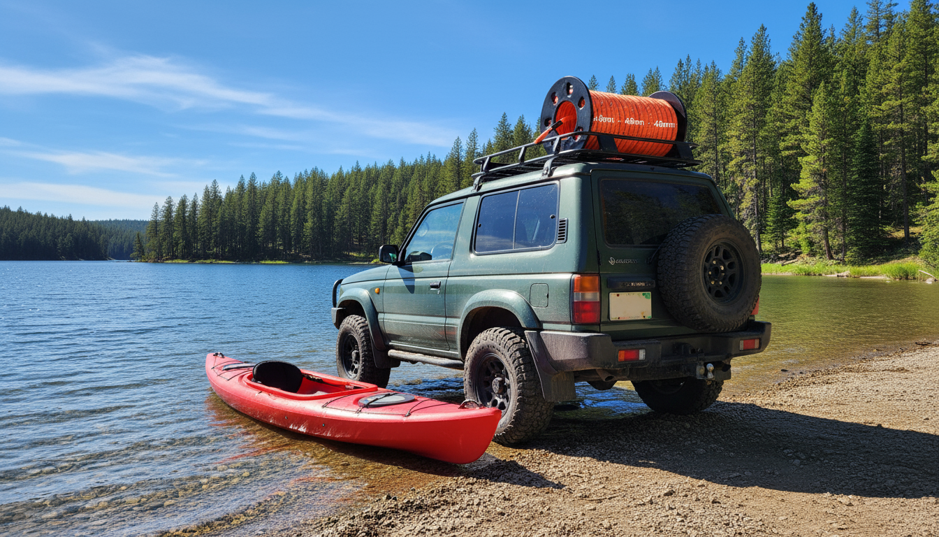 Synthetic winch rope coiled on a 4x4 vehicle beside a kayak, showcasing bright colour and floating capability