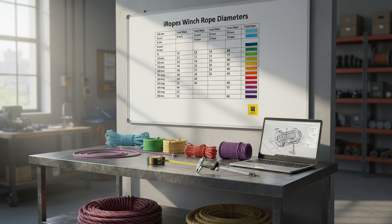 Range of iRopes winch rope diameters from 4.8mm to 60mm displayed on an industrial measurement chart
