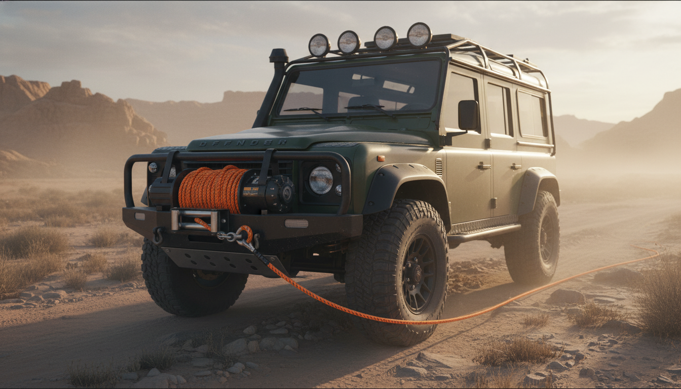 Synthetic winch cable coiled on a heavy-duty winch drum, highlighting the bright orange Dyneema line against a rugged off-road vehicle
