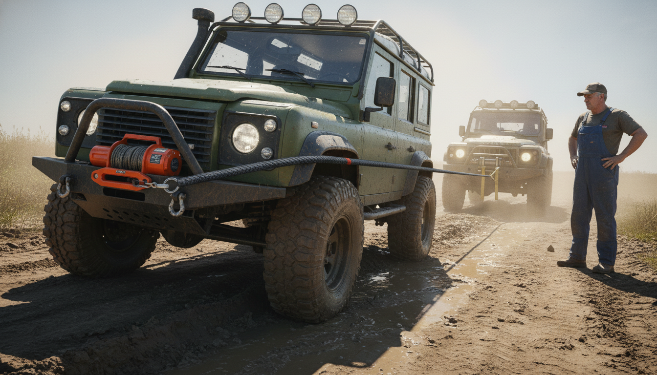 Kinetic towing rope made of Nylon 66 being stretched during a mud recovery, showing 30% elongation and abrasion-resistant coating