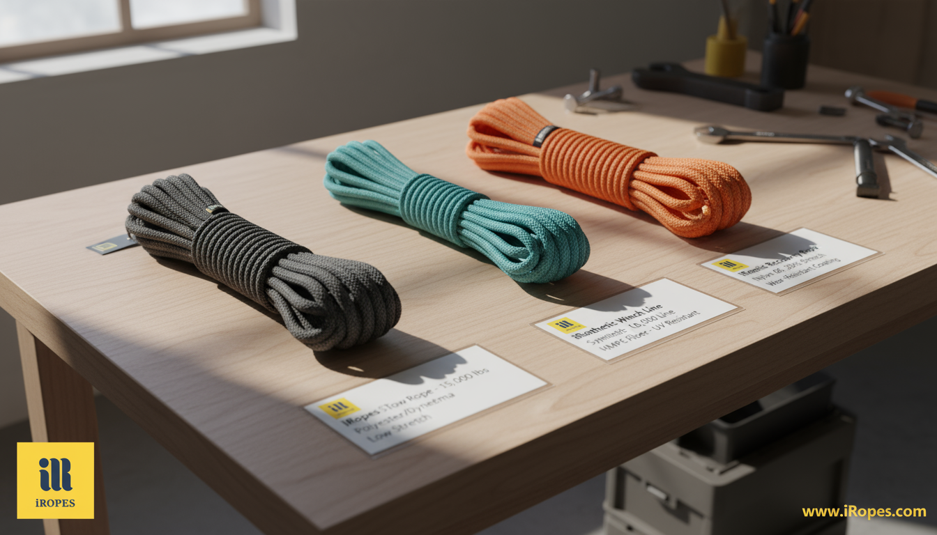 Selection guide showing a range of iRopes rope types – static towing rope, synthetic winch cable, and kinetic recovery rope, each labelled with load rating and colour