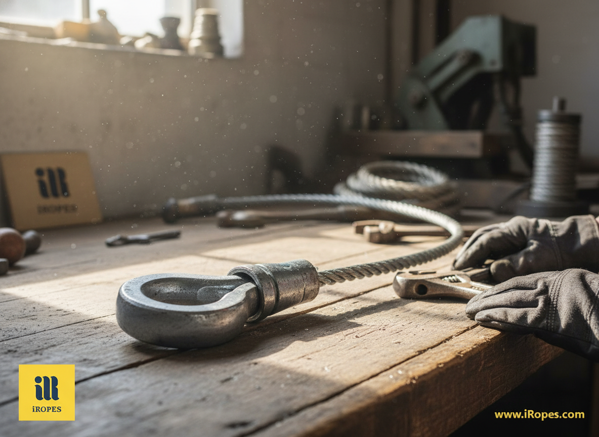 Close-up of a sling wire rope showing individual steel strands, core and eye termination