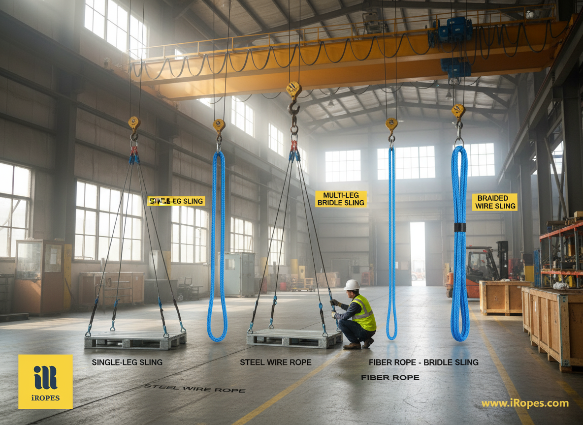 Diagram illustrating single‑leg, multi‑leg bridle and braided wire rope sling configurations for industrial lifting