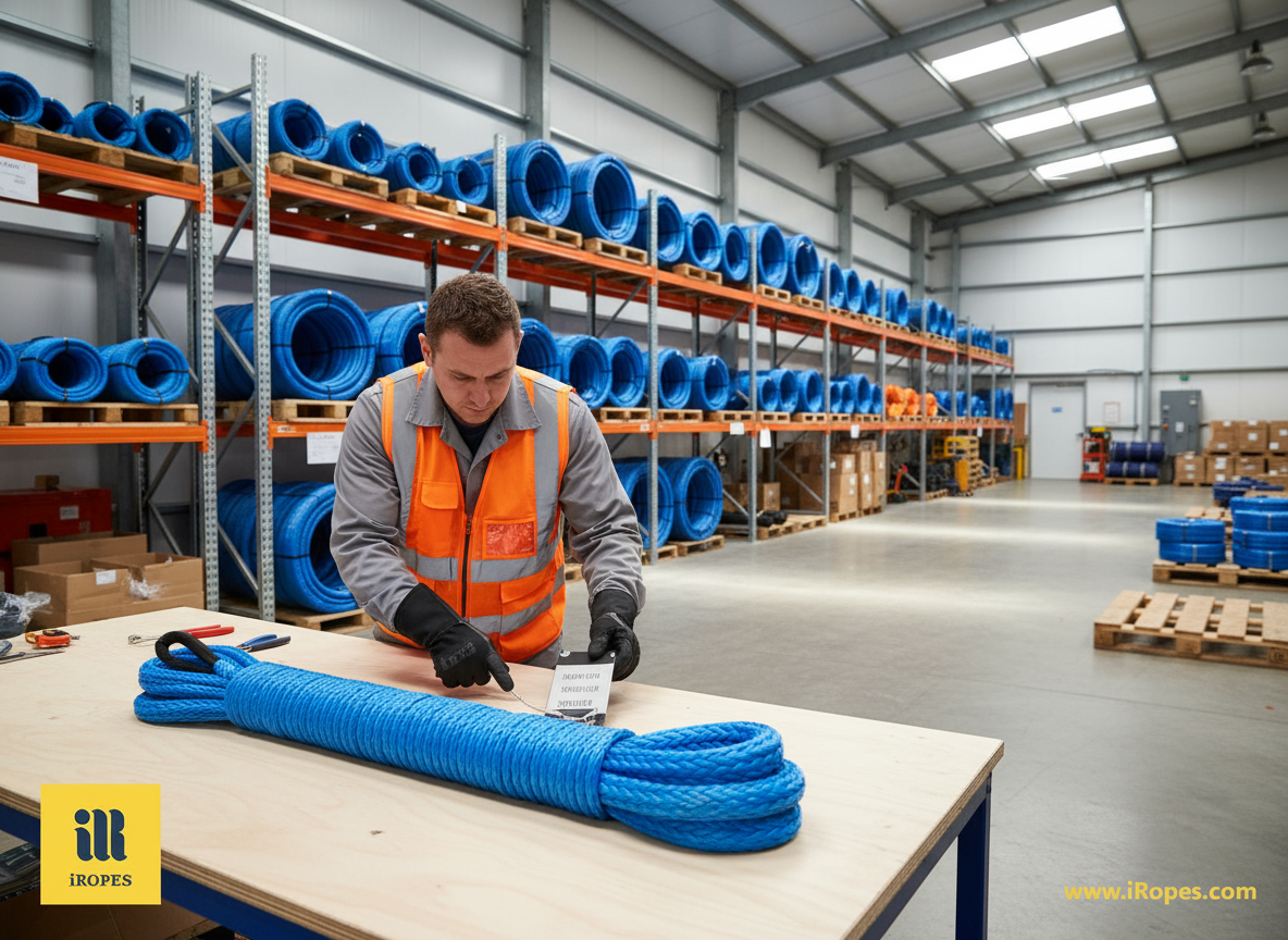 Inspection of a rope wire sling showing wear signs, tag, and proper storage on a steel rack