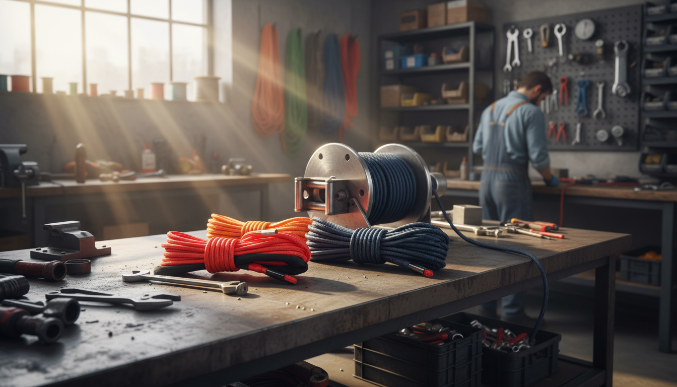 Array of synthetic winch ropes in various diameters and colours, coiled on a workbench beside a winch drum, highlighting size options for different capacities