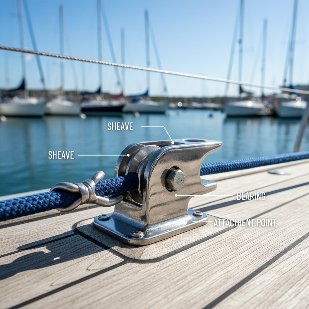 Схема, показывающая морской блок с обозначенными шкивом, подшипником и точками крепления, иллюстрирующая правильный подбор диаметра каната для канатного блока