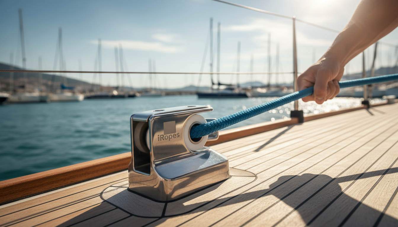 Индивидуализированный нержавеющий морской блок с логотипом iRopes, оснащённый шкивом из УЭМВП и канавкой для каната 20 мм