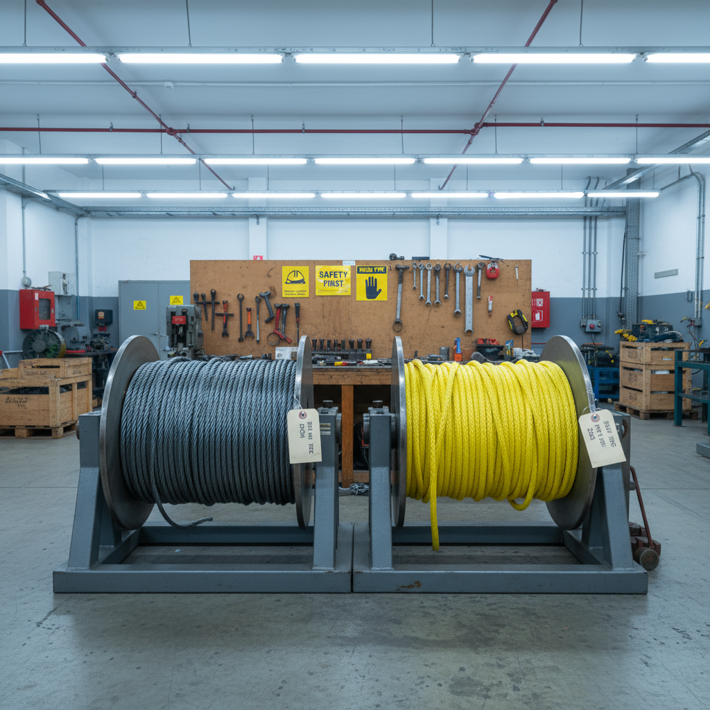 Side‑by‑side view of a steel winch wire rope and a synthetic rope mounted on identical winch drums, showing colour contrast and thickness