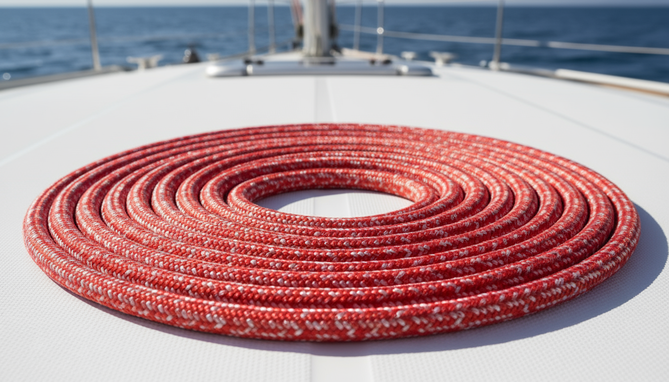 Close‑up of a double‑braided polyester marine rope lying on a yacht deck, showing its smooth texture and UV‑resistant coating