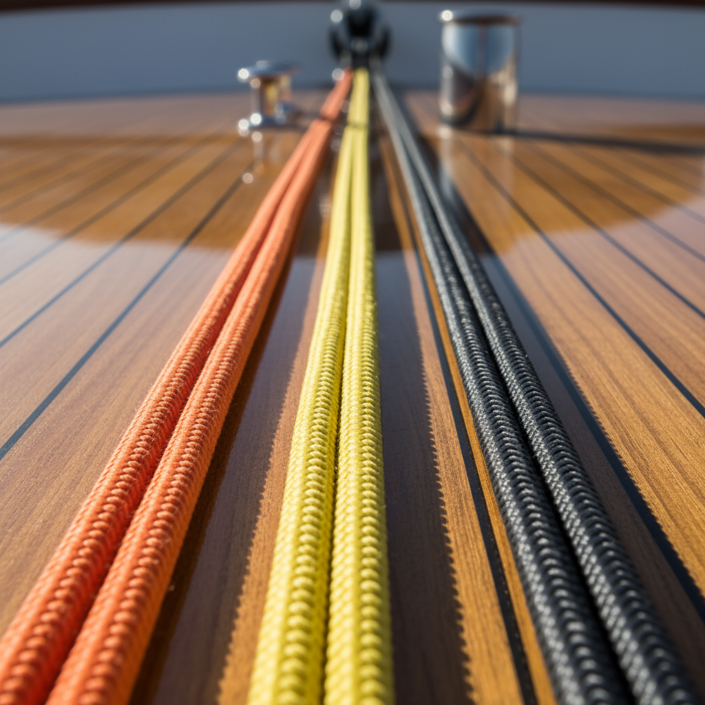 Close‑up of three marine ropes—nylon, polyester and Dyneema—laid out on a yacht deck, each showing its distinct colour and texture