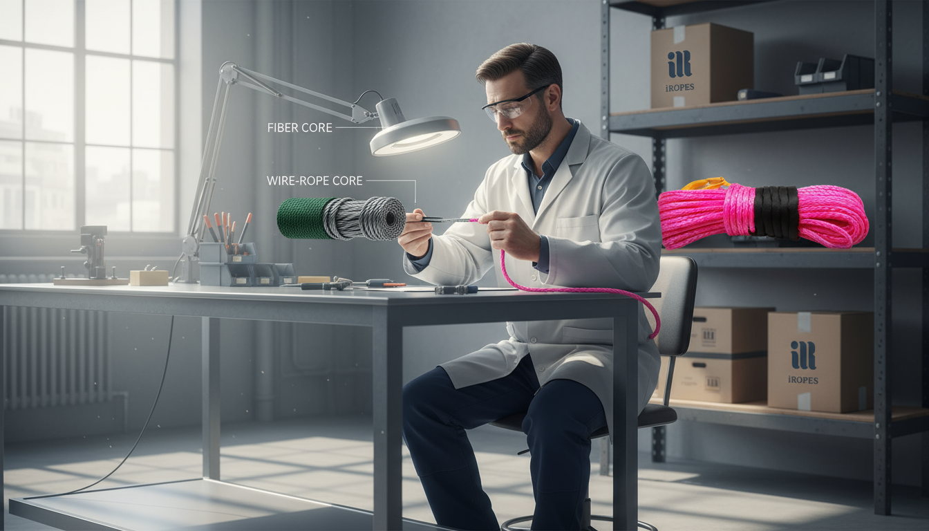 Cross-section view of a wire rope showing fiber core, independent wire rope core and wire strand core variations
