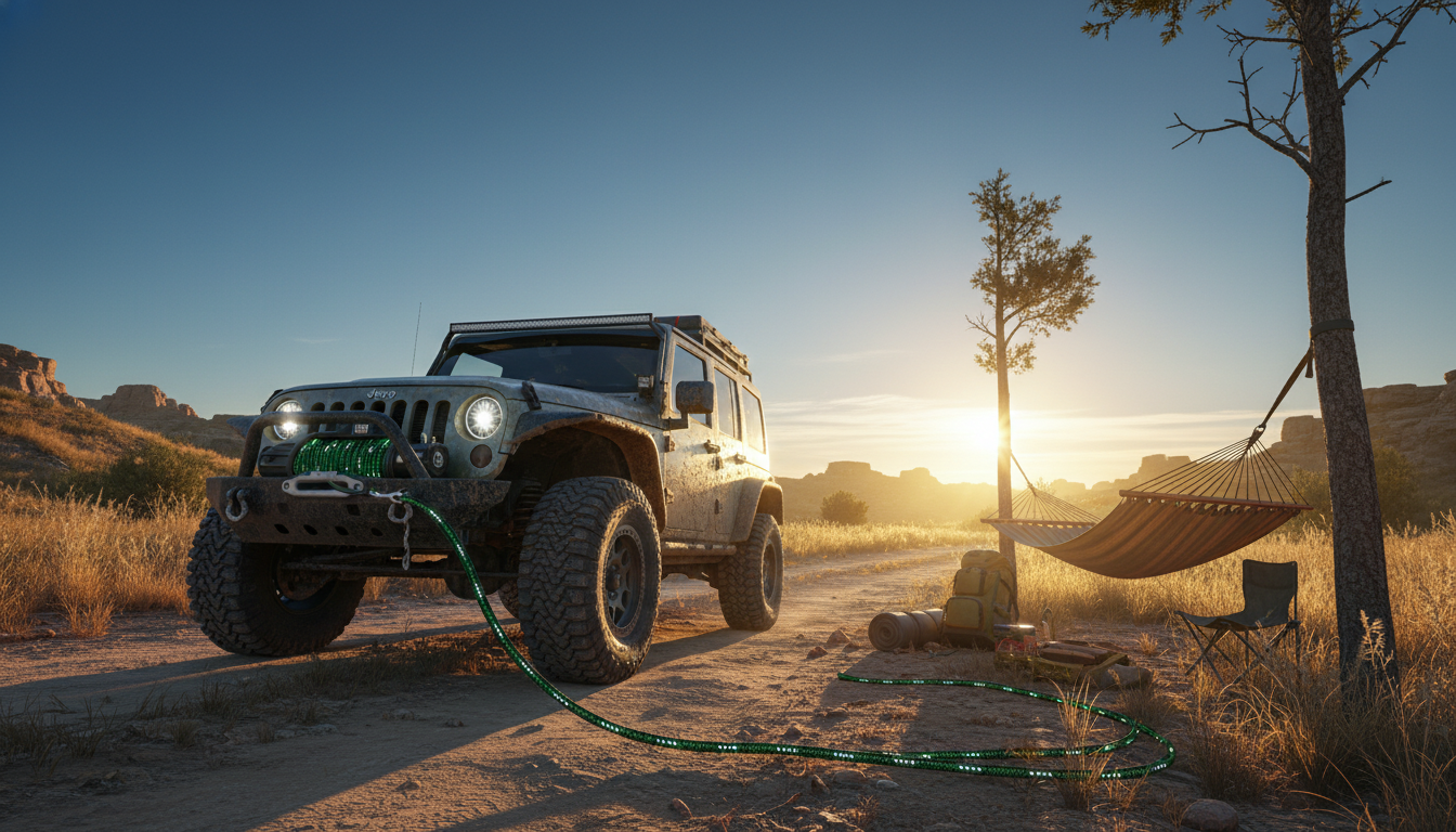 E rigging rope deployed on a rugged off‑road vehicle winch line, showcasing its bright colour and reflective strips