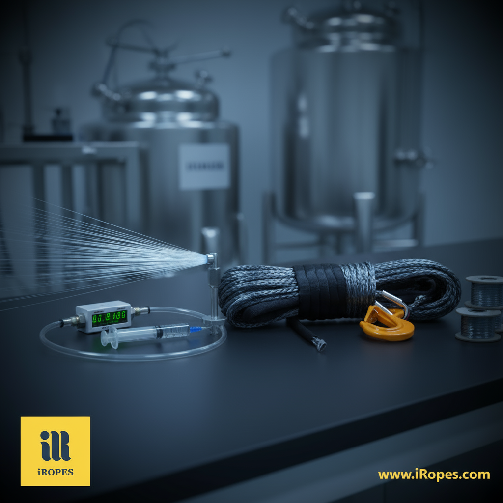 Close-up of UHMWPE fibers being gel‑spun, showing glossy strands against a dark lab background