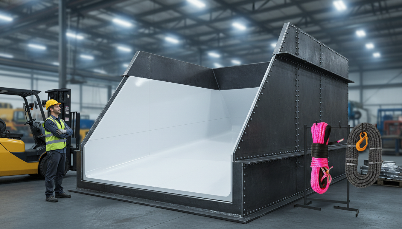 UHMW sheet installed as a protective liner inside a bulk material chute, showing its smooth, white surface against steel