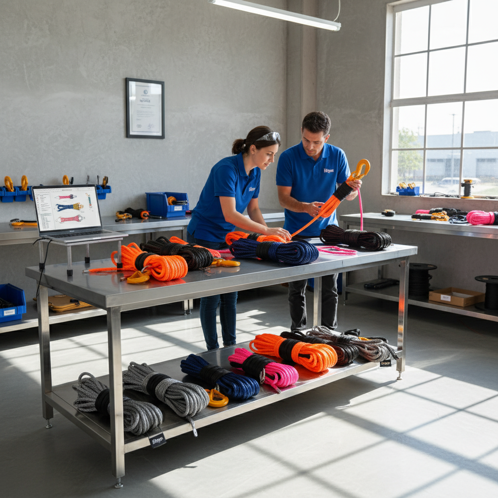 iRopes engineers reviewing UHMW rope prototypes on a workbench, highlighting custom colour and terminal options