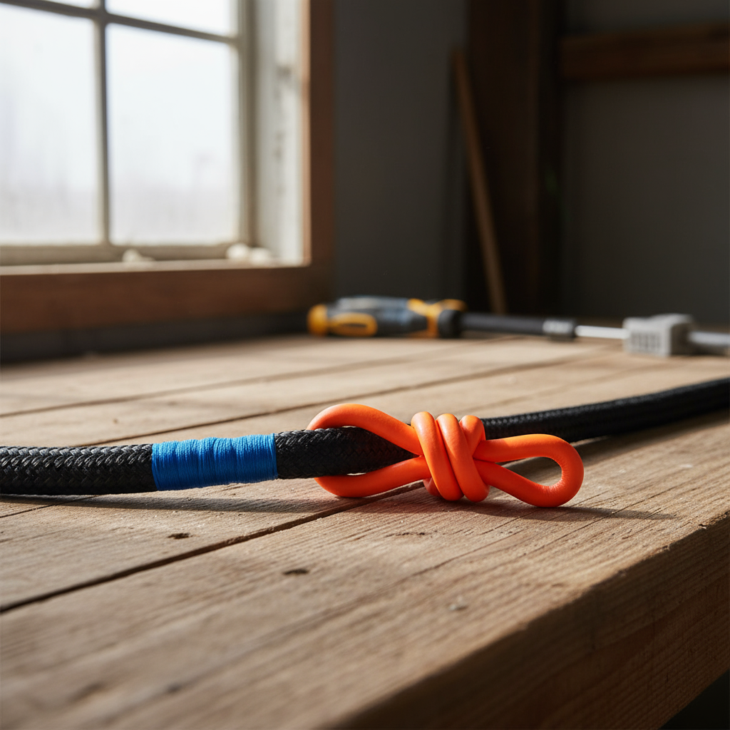 Close-up of a bright-orange soft shackle attached to a synthetic recovery rope, showing the woven fibre construction and easy-release loop