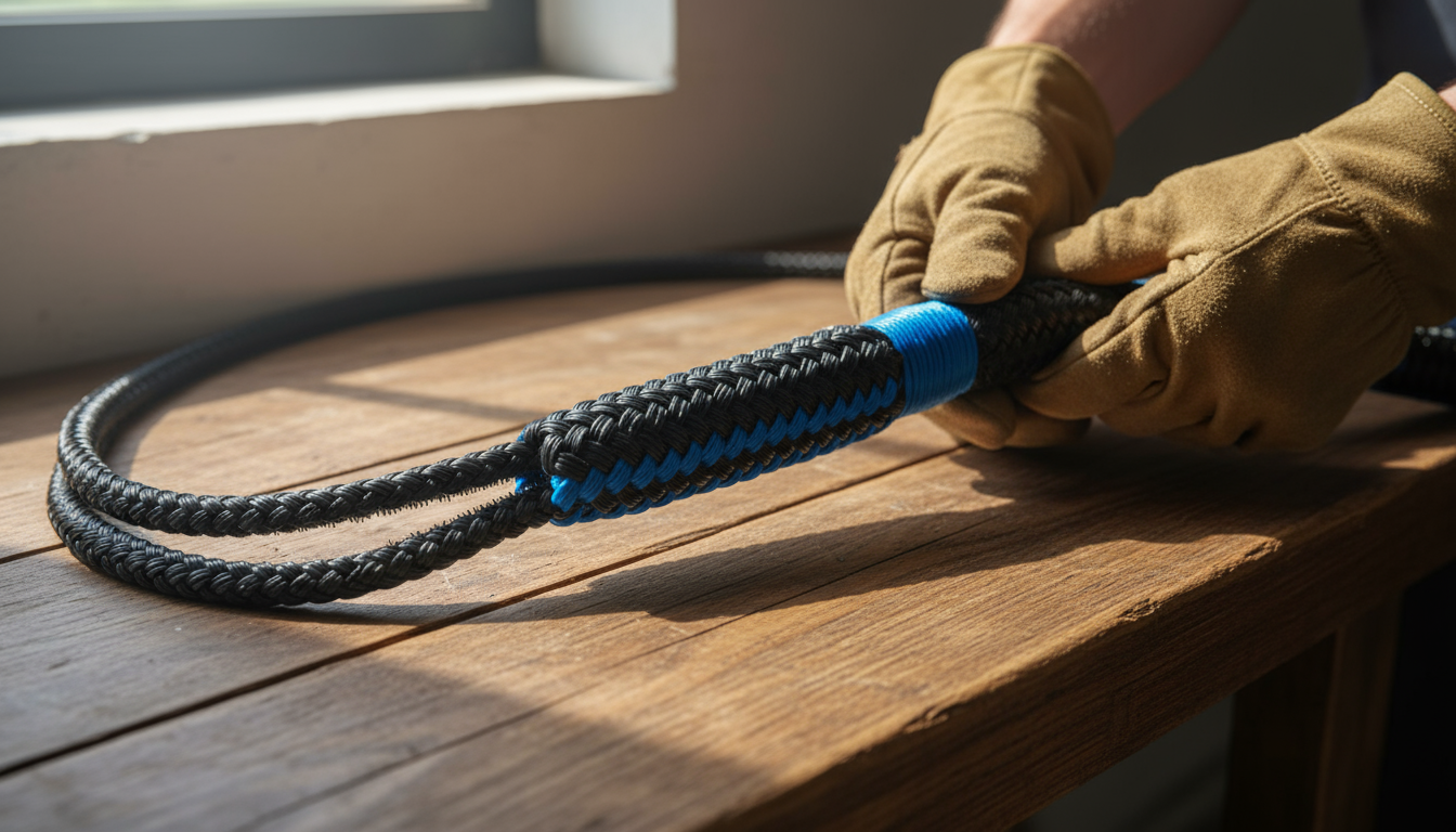 Close-up of a soft braided rope showing the intertwined strands of a single braid and the tighter weave of a double braid
