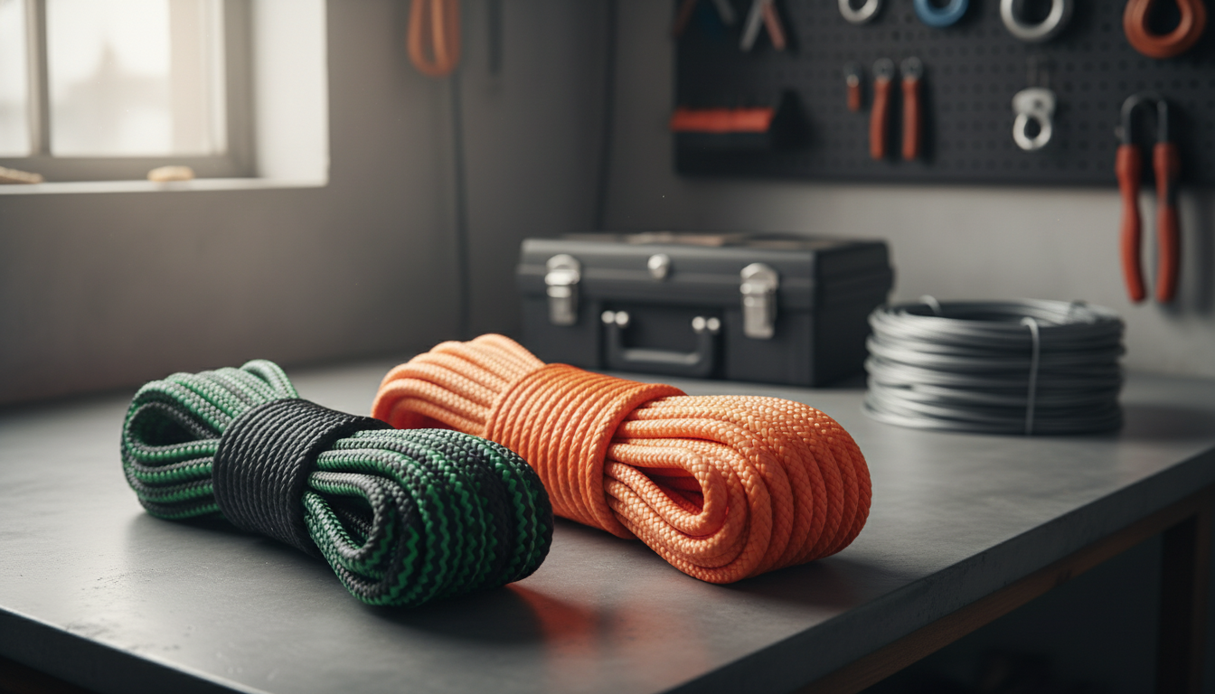 Close‑up of a nylon rope coil showing its textured fibers and vibrant colour