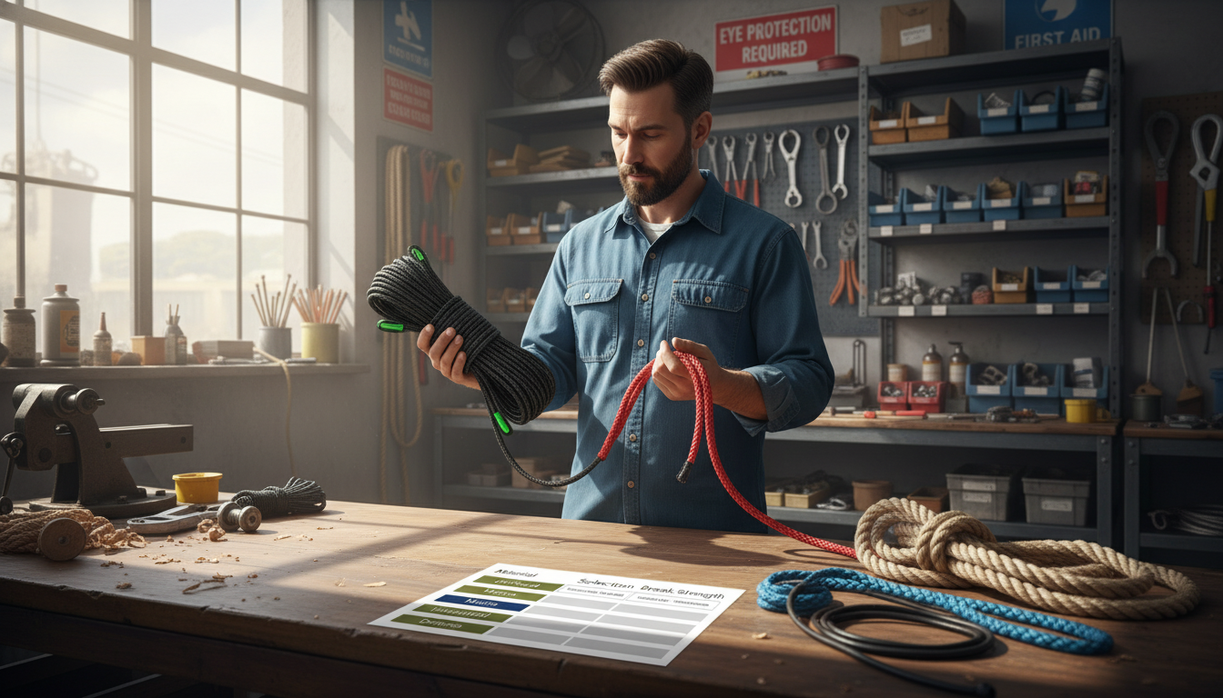 Diagram showing selection matrix of rope material, diameter, length, and break strength for off‑road, marine, industrial and defense applications