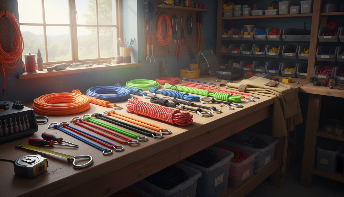 Assortment of bungee cords on a workshop bench, showing varying diameters, colours and hook attachments for different uses