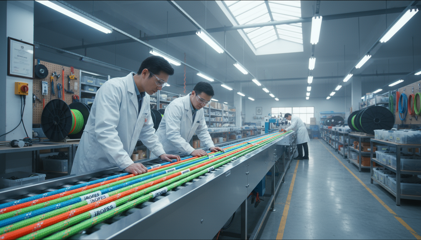 Engineers at iRopes inspecting custom‑coloured bungee cords on a production line, with reflective strips and logo‑printed tags visible
