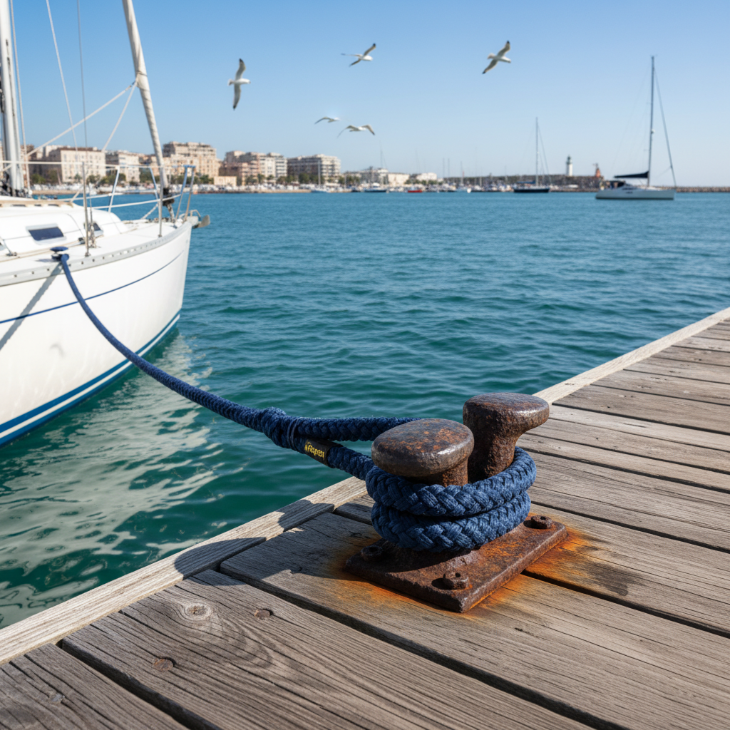 A sturdy nylon mooring line looped around a dock cleat, holding a small yacht steady as waves lap the hull.
