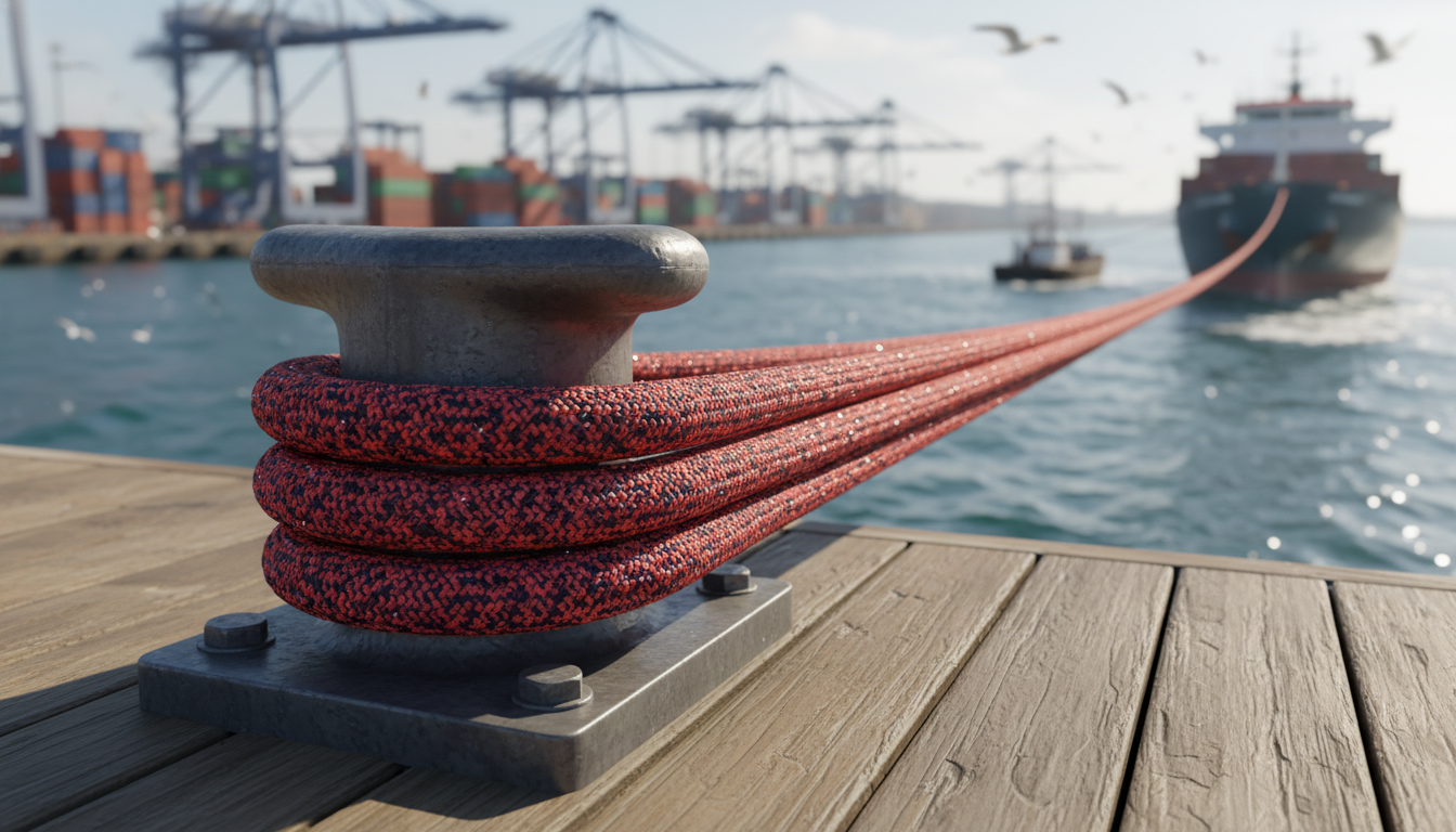 A close-up of a nylon mooring line under tension, showing the visible stretch as it absorbs a sudden load.