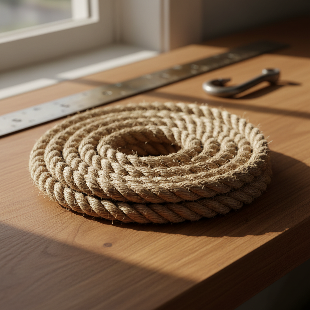 1-inch hemp rope coiled on a wooden table, showing its natural colour and texture