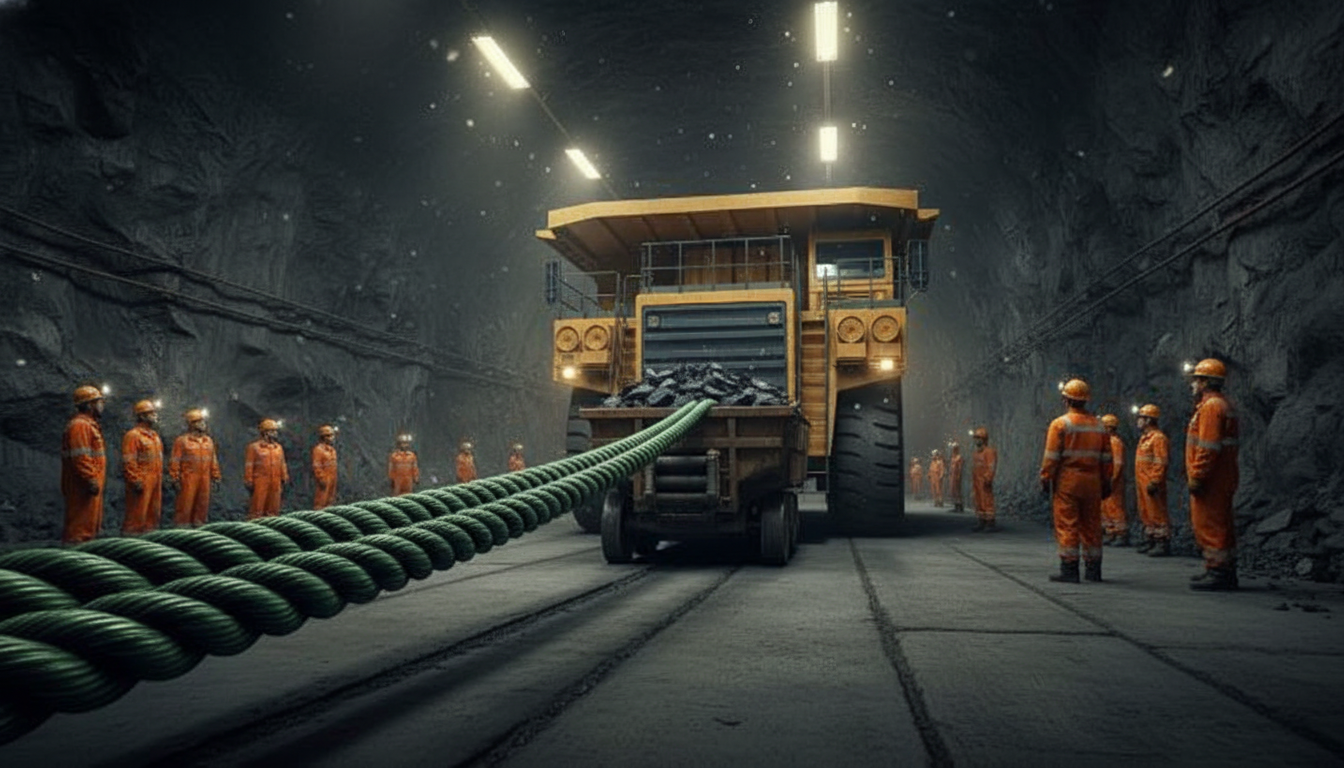 A mining truck using a heavy-duty double‑braided truck rope to pull a loaded dump car in a coal mine