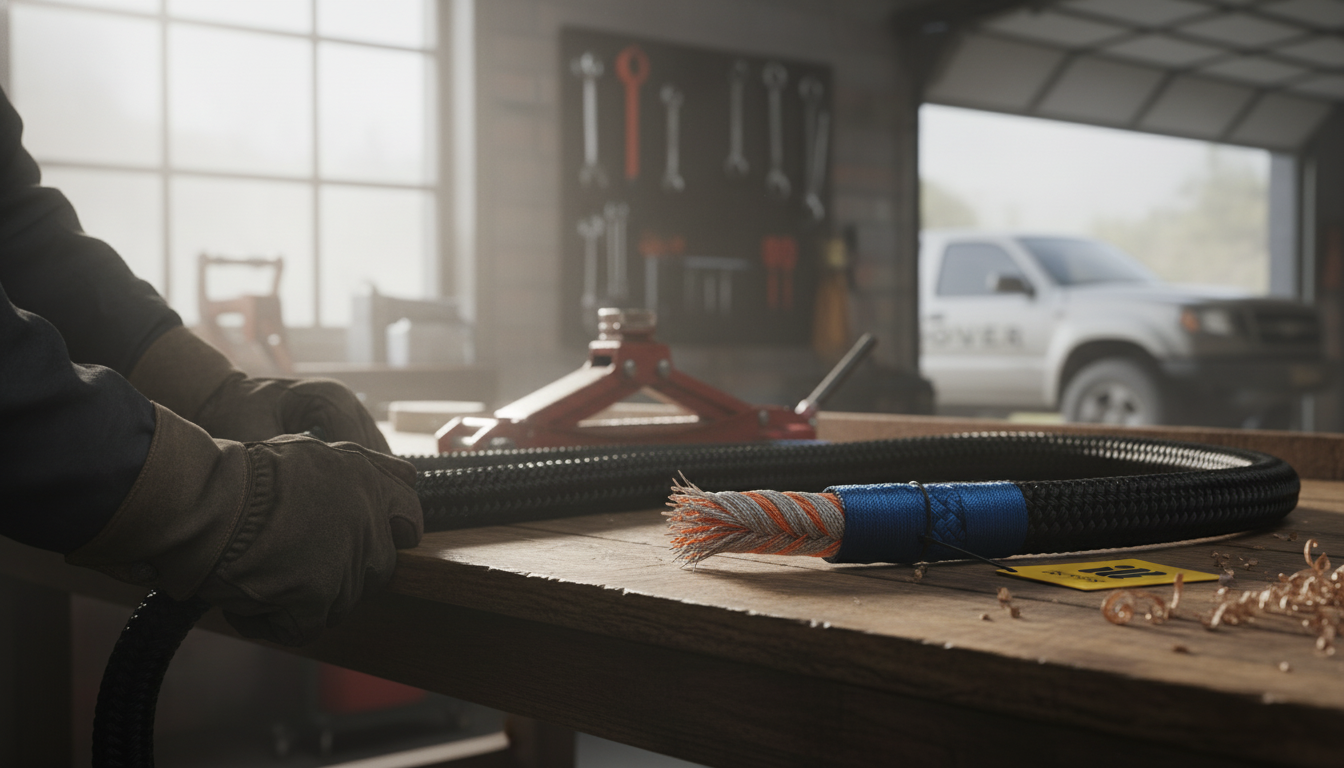 Close-up view of a nylon double braid rope showing braided core surrounded by braided sheath, highlighting interwoven yarns