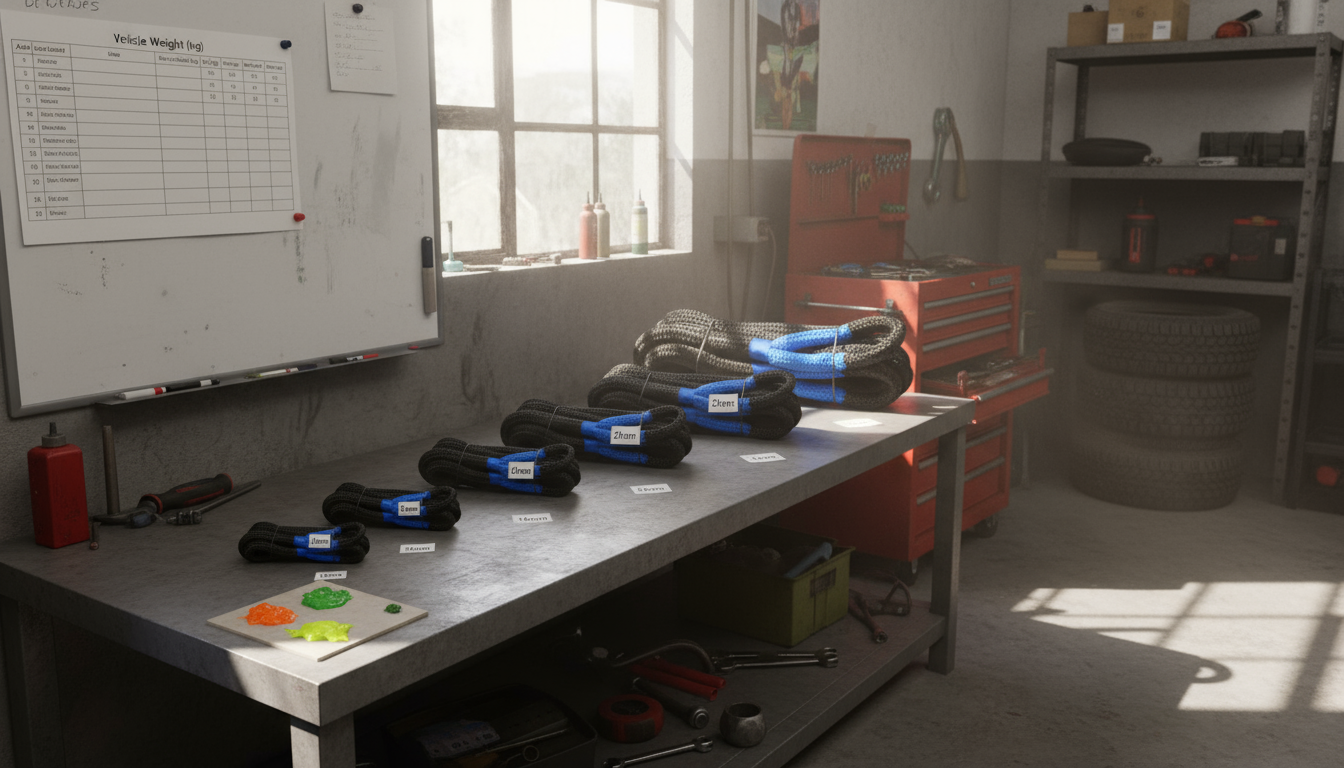 Selection guide showing various nylon double braid rope diameters laid out next to a vehicle weight chart, with colour swatches for visibility