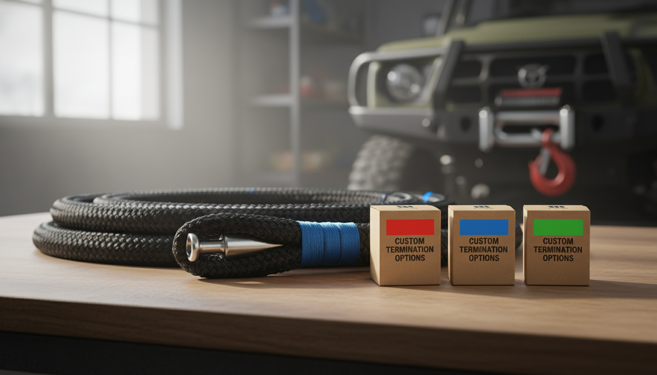 Custom termination options for nylon double braid recovery rope, showing eye splice, thimble, and colour-coded packaging