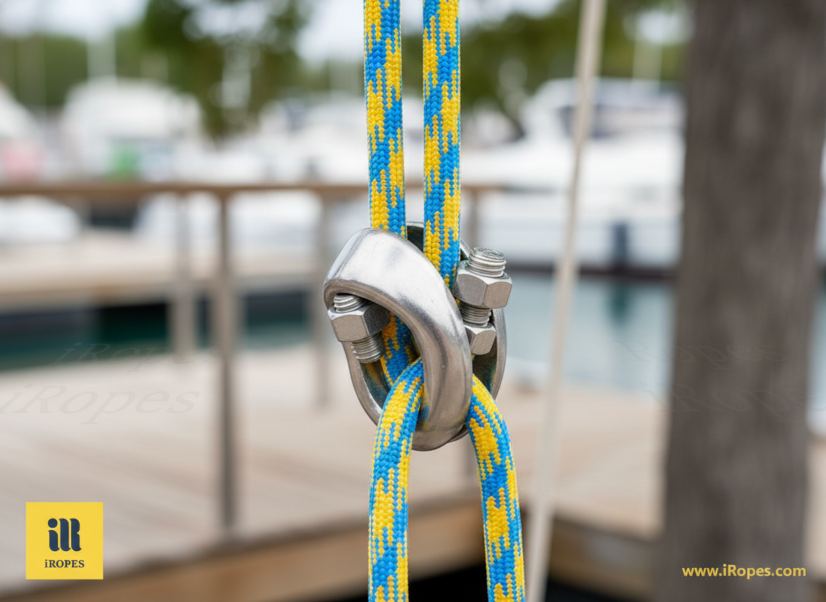 Close‑up of a stainless steel wire cable clamp securing a synthetic rope loop, showing the saddle, U‑bolt, and tightened nuts