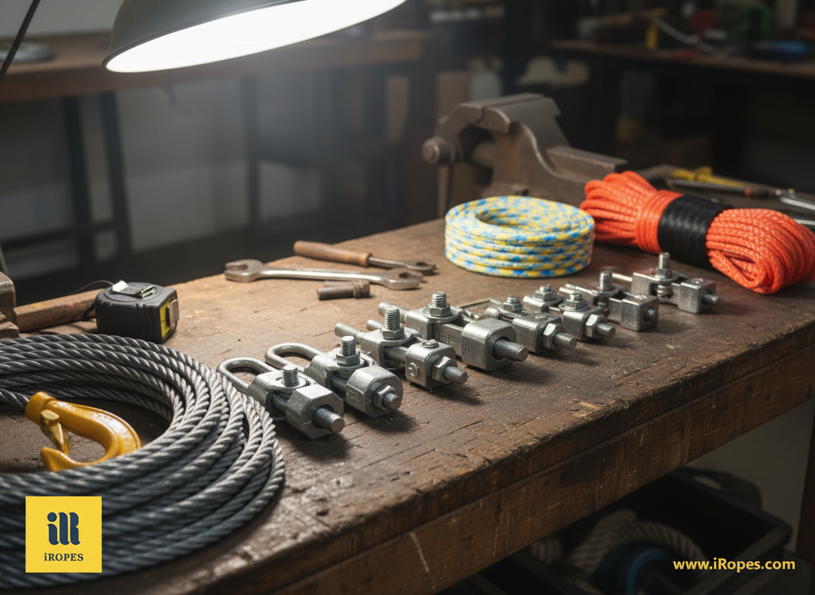 Array of wire cable clamps showing U‑bolt, fist grip, duplex and simplex styles arranged beside steel rope samples