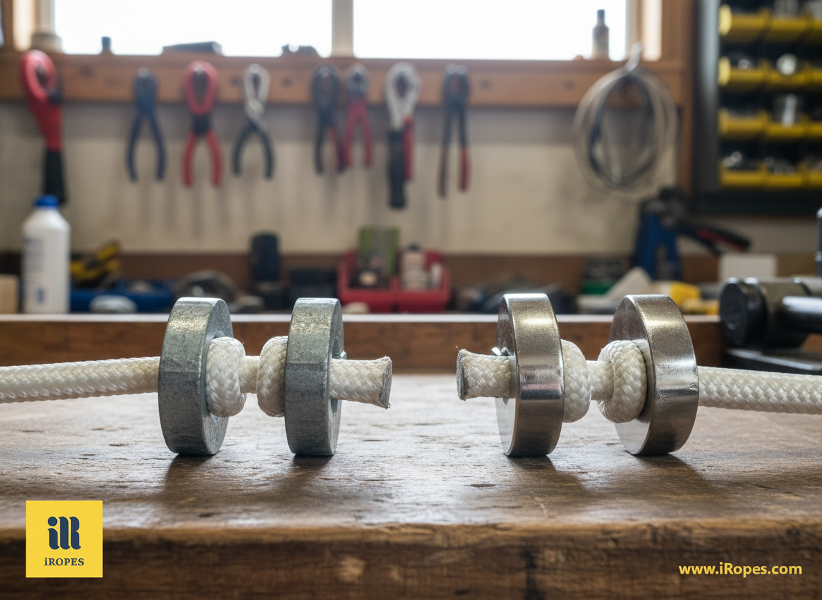 Side‑by‑side view of a galvanised steel wire clamp and a 316 stainless steel clamp securing a synthetic rope loop, highlighting the different metal finishes