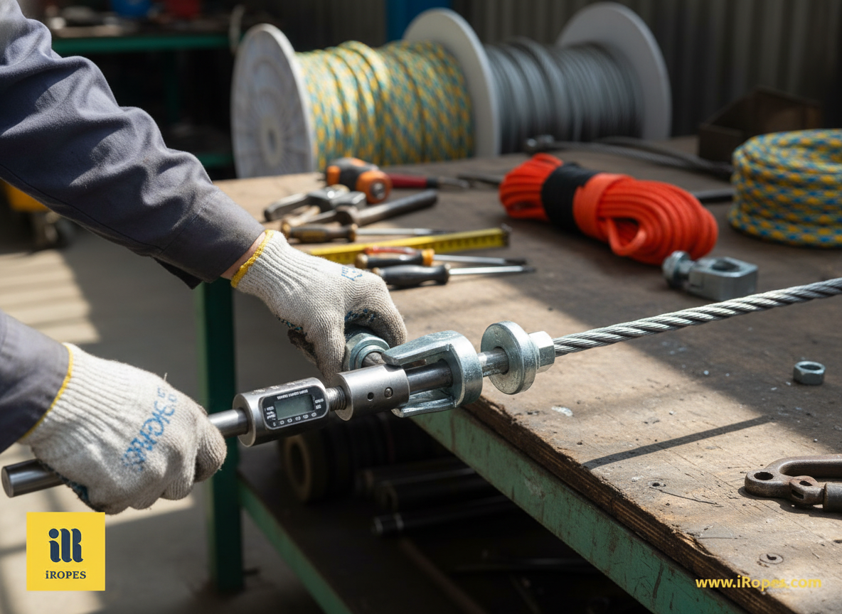 Technician tightening the nuts on a steel wire clamp while checking torque with a calibrated wrench